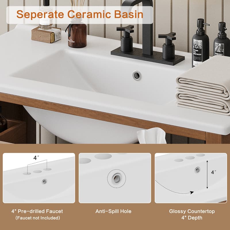 36"Bathroom Vanity with Sink, 2 Soft Close Doors and 3 Drawers, Free-standing Vanity with Wood Legs and Large Storage