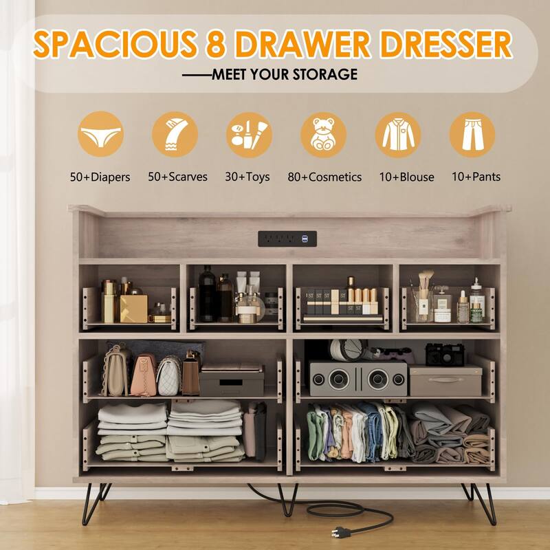 8 Drawer Dresser for Bedroom with LED Light, Charging Station & Open Shelf