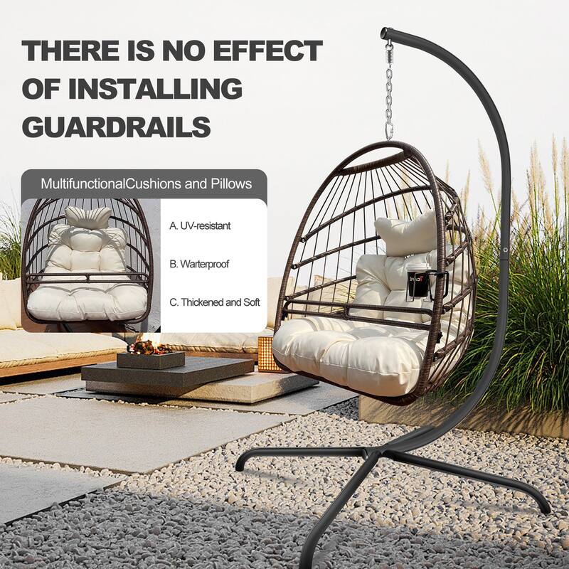 43 in. W x 43 in. D x 77 in. H 1-Person Metal Patio Basket Hanging Swing with Brown Cushions