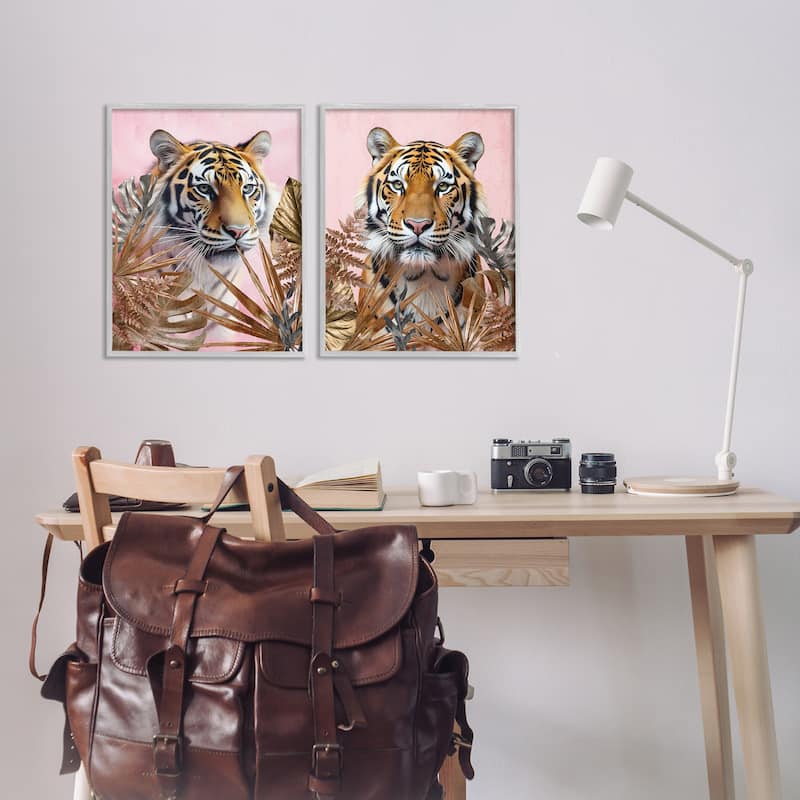 Stupell Fierce Tigers & Gold Leaves Framed Giclee Art Design By Kim Allen (Set of 2)
