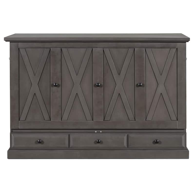 Gray Queen Size Solid Pine Murphy Bed with Charging Station and Large Storage Drawer for Home Office or Small Room