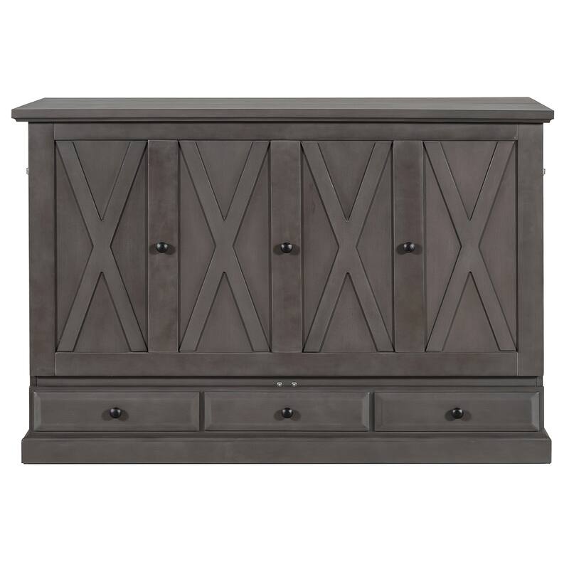 Solid Pine Murphy Bed Chest Cube Cabinet Bed with Charging Station and Large Storage Drawer