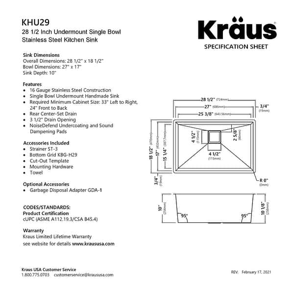 KRAUS Pax Stainless Steel 28 1/2 inch 1-Bowl Undermount Kitchen Sink