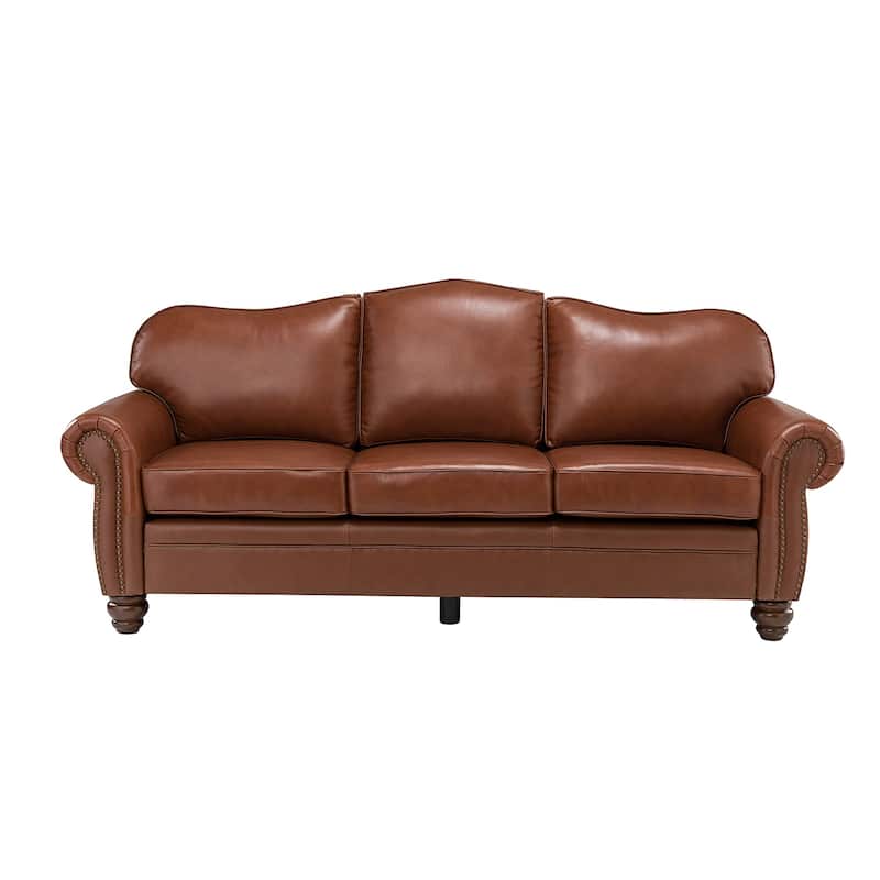 Balvino 81" Wide Transitional Genuine Leather Rolled Arm Nailhead Trim Sofa with Solid Wood Legs and Removable Cushions