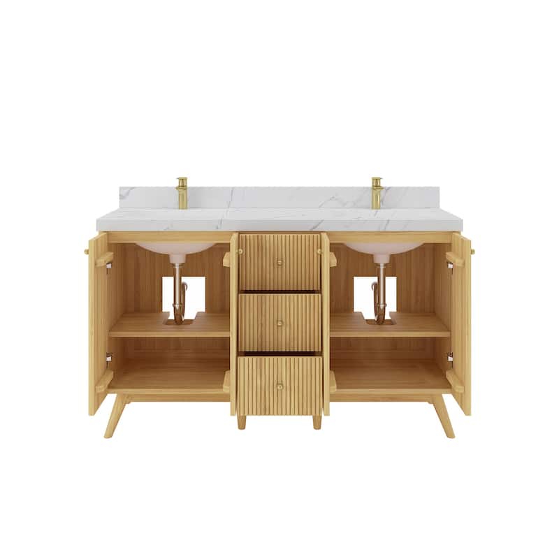 Willow Collections 60 in. W x 22 in. D Pasadena Solid Teak Double Sink Bathroom Vanity with Countertop