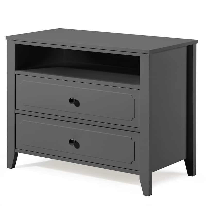 EROMMY Modern Wide Nightstand with 2 Drawers and Open Storage, Bedroom Bedside Table with Solid Wood Legs, Nightstand.