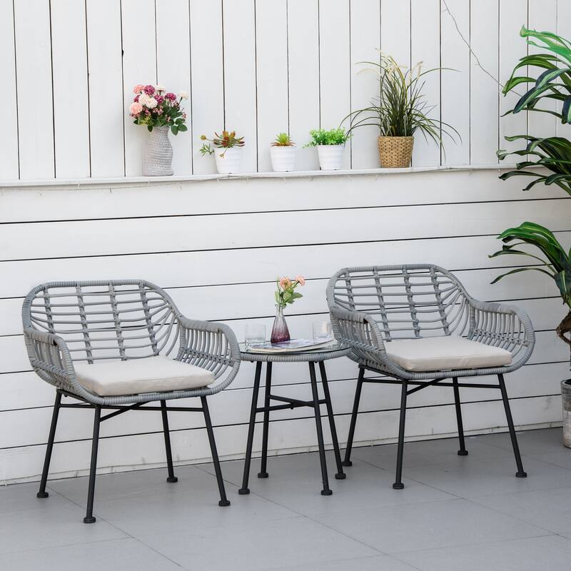 3 Piece Patio Set, Outdoor Bistro Furniture, PE Rattan Wicker Table and Chairs, Cushioned, Hand Woven, Modern Look with