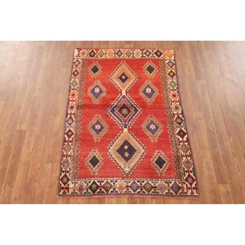Geometric Shiraz Persian Vintage Accent Rug Hand-Knotted Wool Carpet - 3'4" x 4'11"
