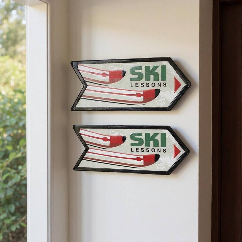 HomeRoots Set of Two Black Red And White Ski Lessons Metal Hanging Wall Decor - White/Red/Black - 13.25 in. x 5.50 in.  x 0.25 in.