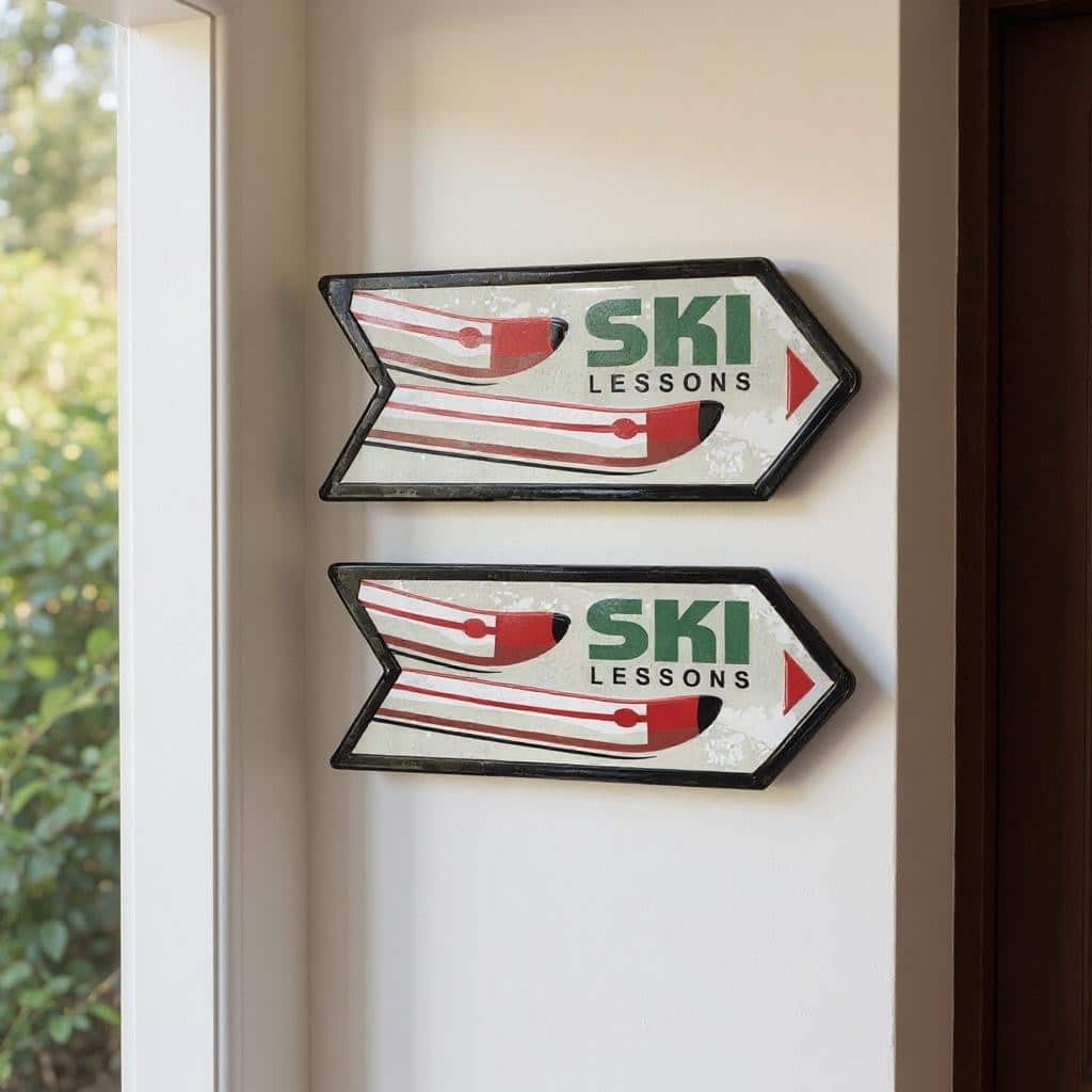 HomeRoots Set of Two Black Red And White Ski Lessons Metal Hanging Wall Decor