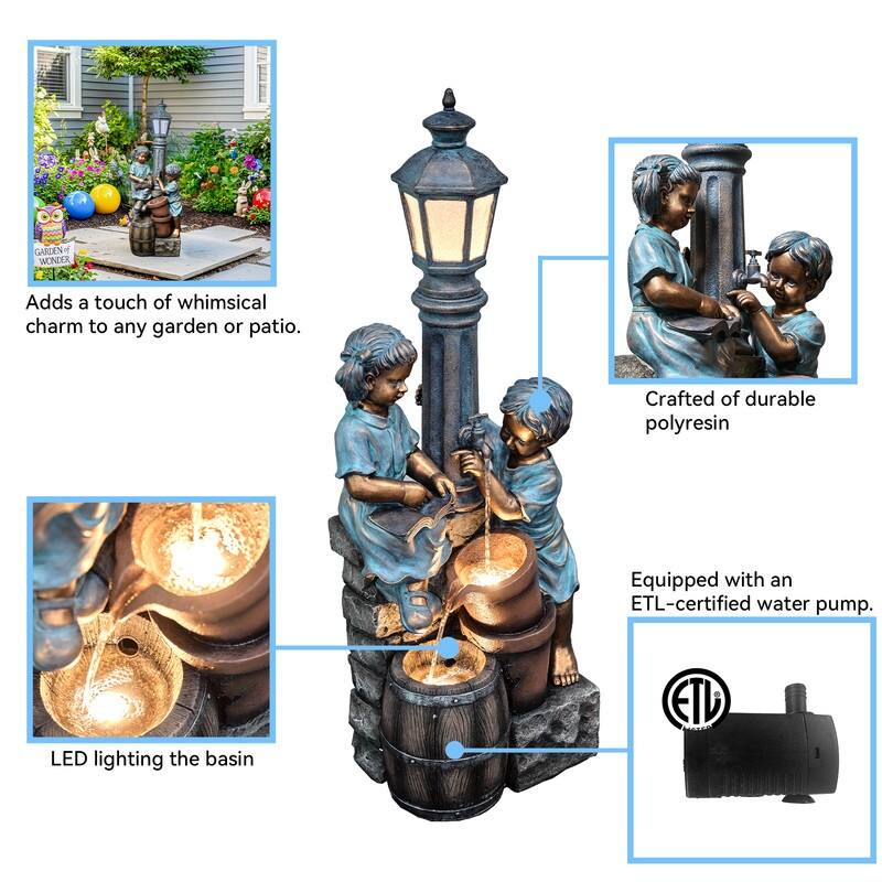 Storybook Outdoor Water Fountain with Boy and Girl Sculpture, Warm LED Lamp Post and Soothing Water Flow