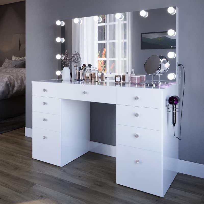 Makeup Vanity Desk w/ Bluetooth Speakers 9 Drawers Glam Glass Top Lighted Crystal Knobs Hairdryer Holder USB Ports