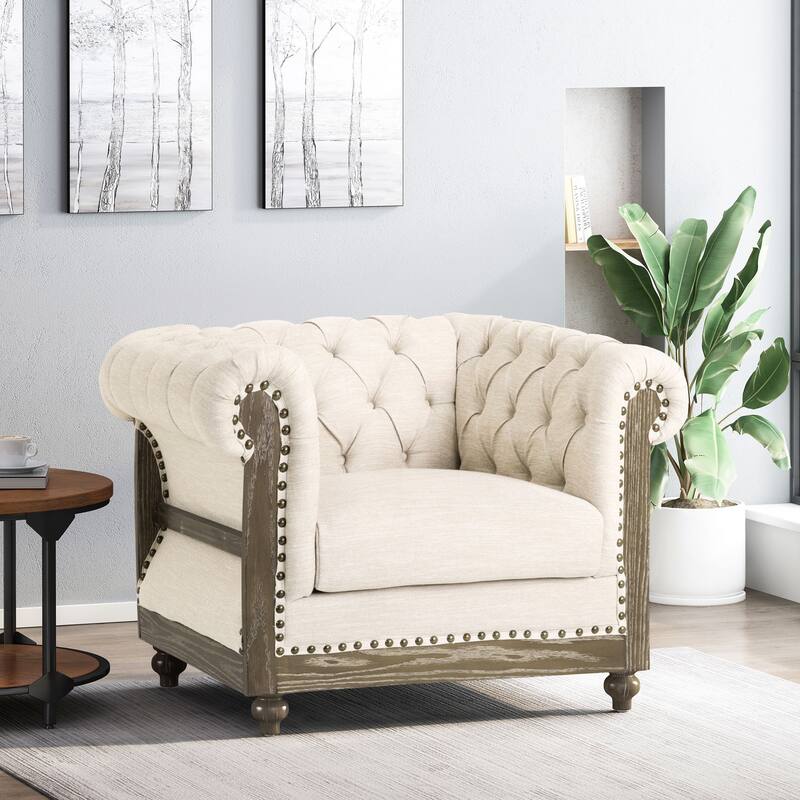 Modern 39" Upholstered Button Tufted Club Chair with Birch Wood Frame and Nailheads