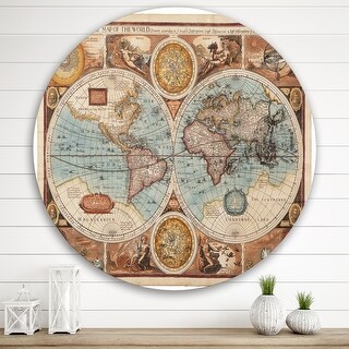 Designart 'Ancient Map of The World VIII' Vintage Metal Circle Wall Art ...