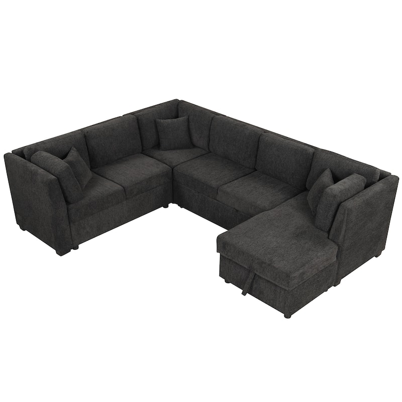 Roomfitters U-Shaped Sectional Sofa Pull-Out Bed with USB Ports, Power Sockets, Three Back Pillows, and Storage Chaise