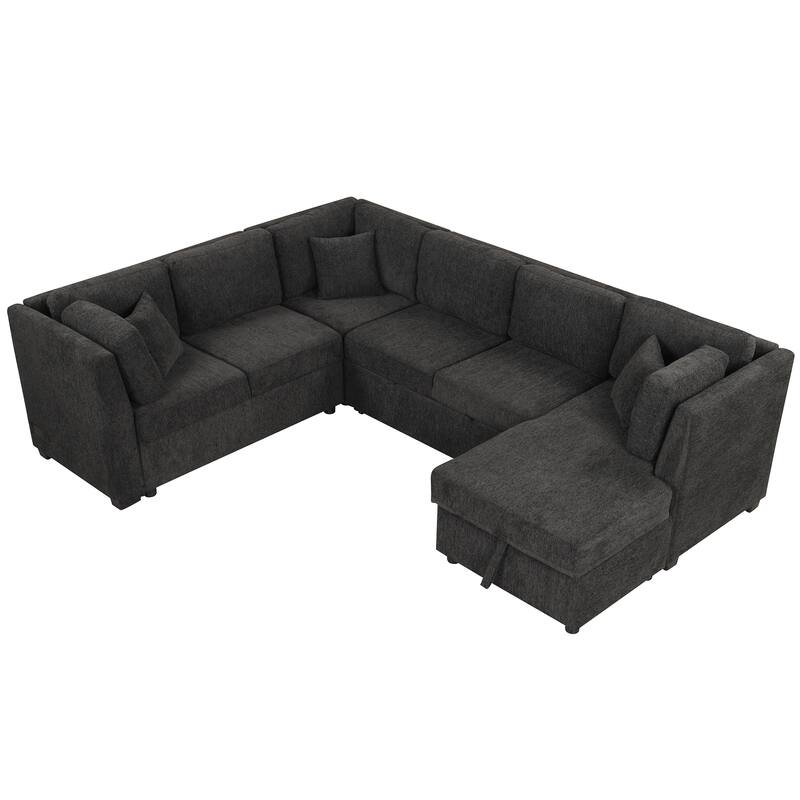 U-shaped Sectional Sofa with USB Ports, 3 Pillows and Storage Chaise