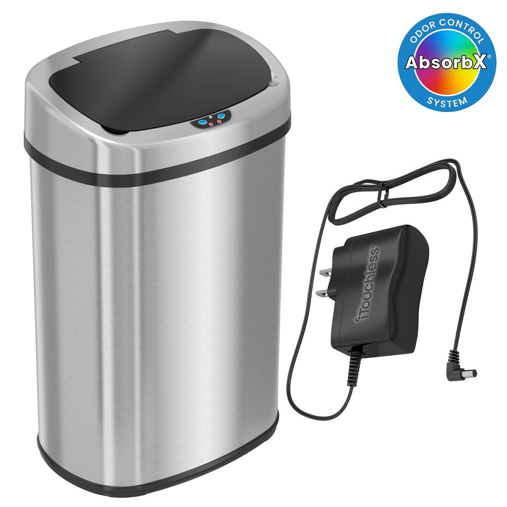 iTouchless 13 Gallon / 49 Liter Stainless Steel Oval Sensor Kitchen Trash Can with Odor Filter and AC Adapter