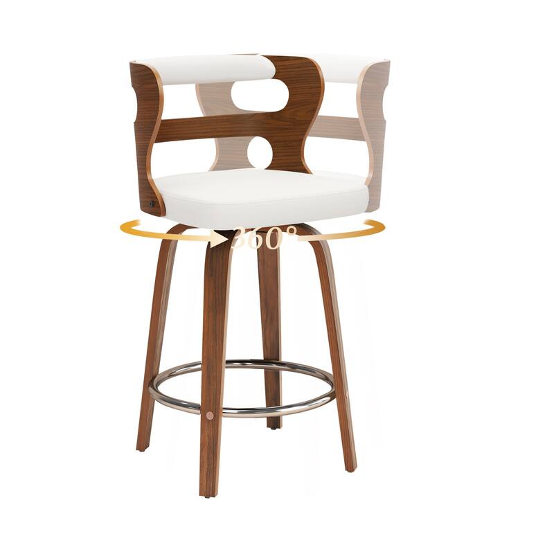 26 in. Swivel Counter Bar Stools, Bar stool with Bent Wood Legs & Round Footrest - 26" H - Set of 2 - White/Walnut