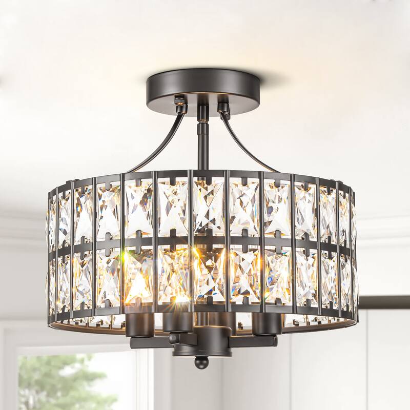 4-Light 13-inch Mid-Century Modern Crystal Drum Ceiling Light Lantern Crystal Semi-Flush Mount Light