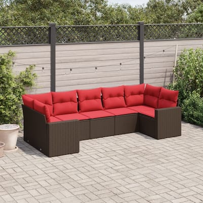 vidaXL Patio Sofa Set with Cushions Outdoor Furniture 7 Piece Poly Rattan - 25.8" x 24.4" x 27.2"