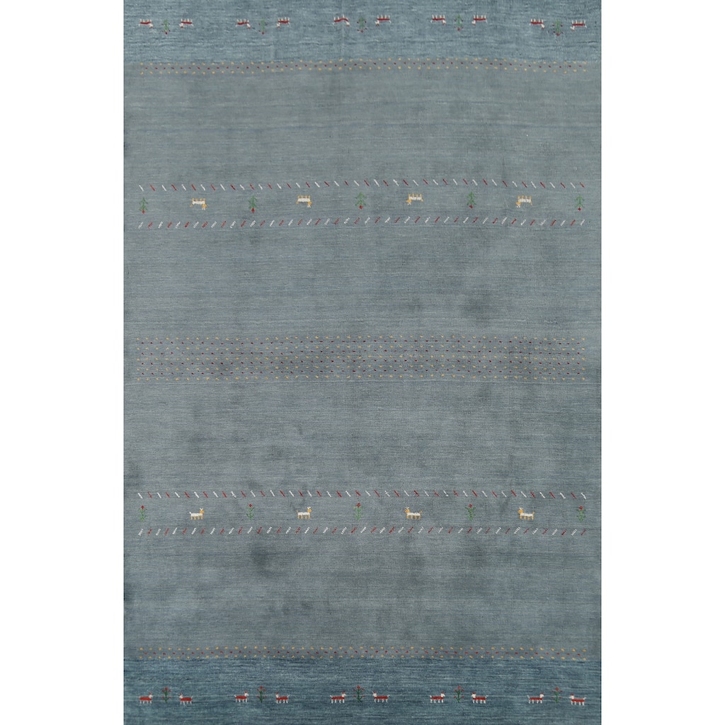 Blue Gray Gabbeh Indian Area Rug Hand-Knotted Wool Carpet - 6'8"x 9'8"