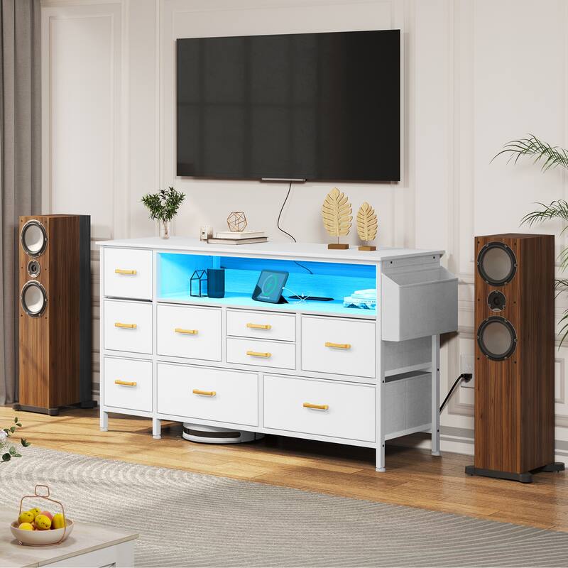 Moasis 50"W 9-drawer Fabric Dresser, Media Console, TV Stand with Outlets, RGB Lights