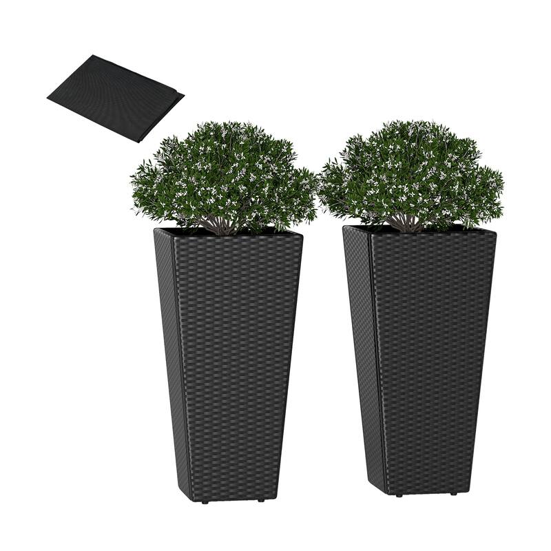 Black PE Rattan Metal Tall Planter Set of 2 with Drainage and Liner for Patio - 15" x 15" x 30" (L x W x H)