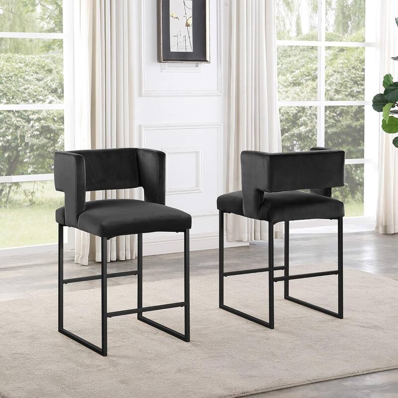 Modern Contemporary 27 Inch Counter Stool Set of 2 with Velvet Upholstery, Black Metal Legs, Kitchen Side Stool - Black