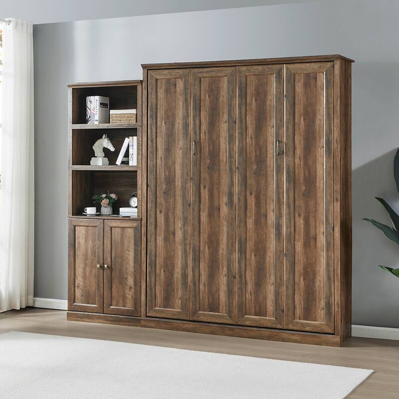 Half Self-Close and Open Murphy Bed with 2 Side Cabinet Storage Shelf