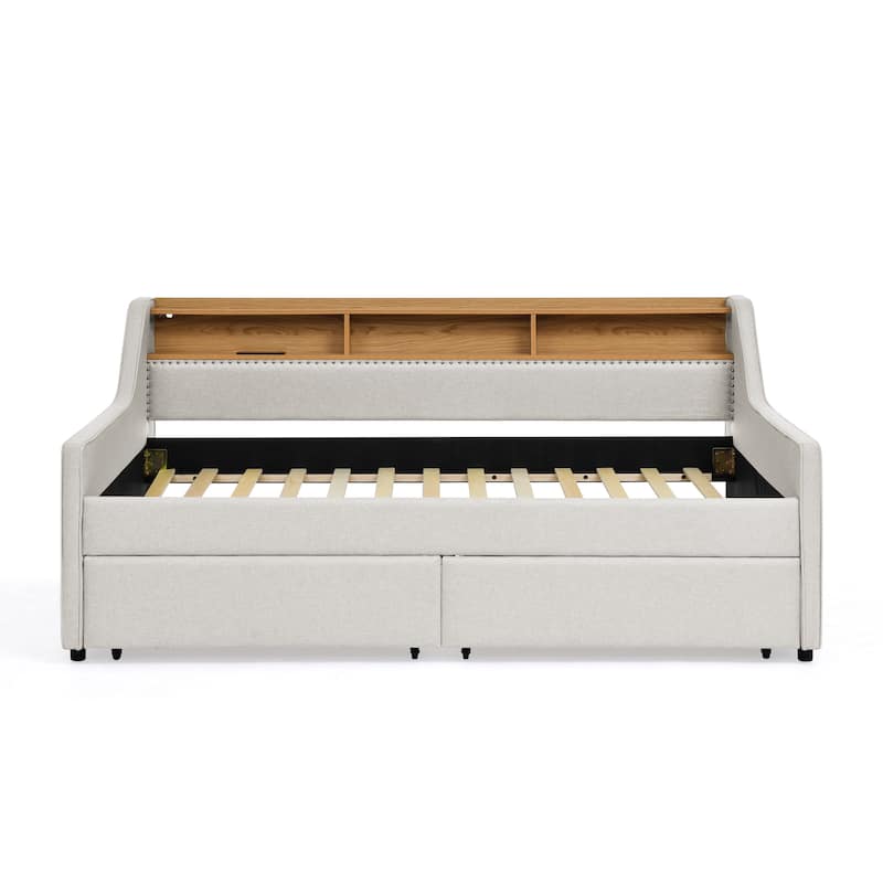 Anmytek Beige Linen Upholstered Twin Sofa Bed with LED Lights and Wireless Charging