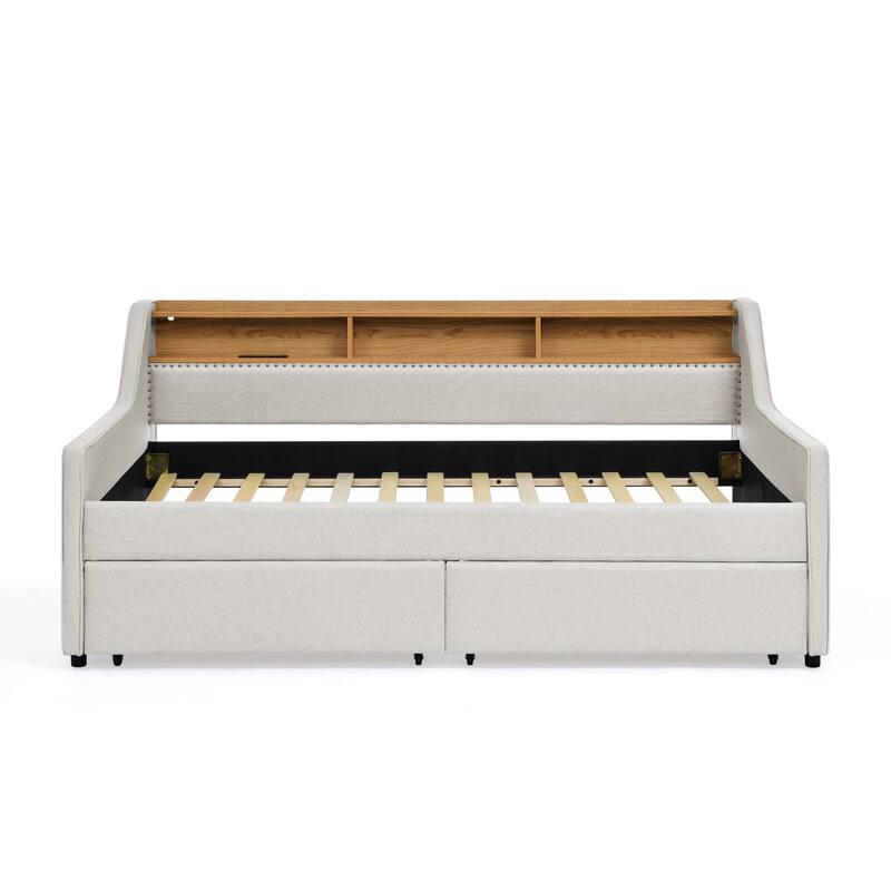 Roomfitters Twin Upholstered Sofa Bed with Adjustable Storage Headboard, Backlit Shelf and Underbed Storage Trundle