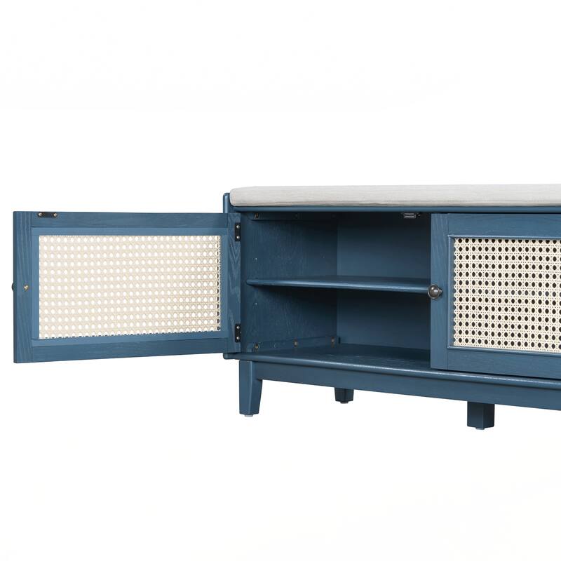 Rattan Entryway Bench with Storage, Cushioned Shoe Bench with Double Doors