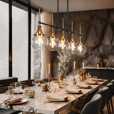 Beta Modern 5-Light Linear Glass Chandelier Black Gold Kitchen Island Lights for Dining Room - 36'' L x 4.9'' W x 20.2'' H