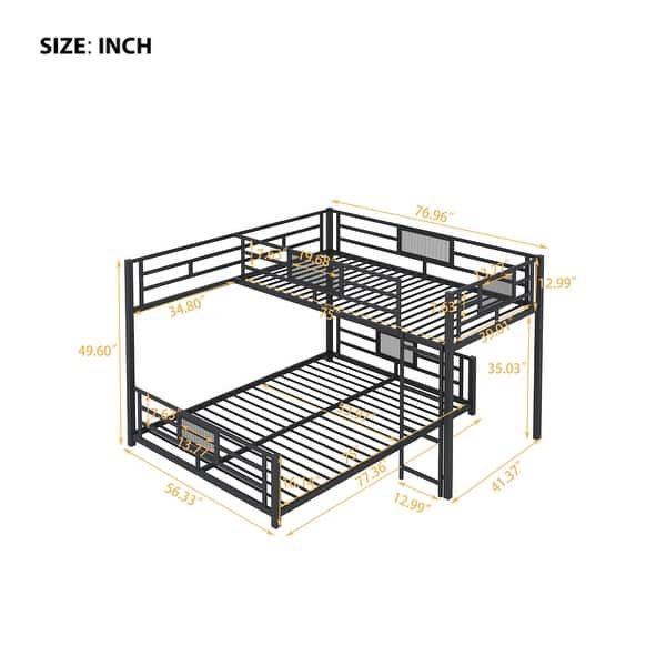 dimension image slide 1 of 2, Contemporary Design Metal Bunk Bed with Ladder and Guardrails, Twin over Full Size