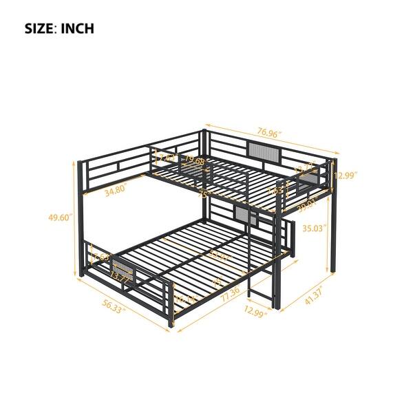 Elegant Twin over Full Size L-Shaped Metal Bunk Bed Solid Safety Guardrail Bed, No Box Spring Required