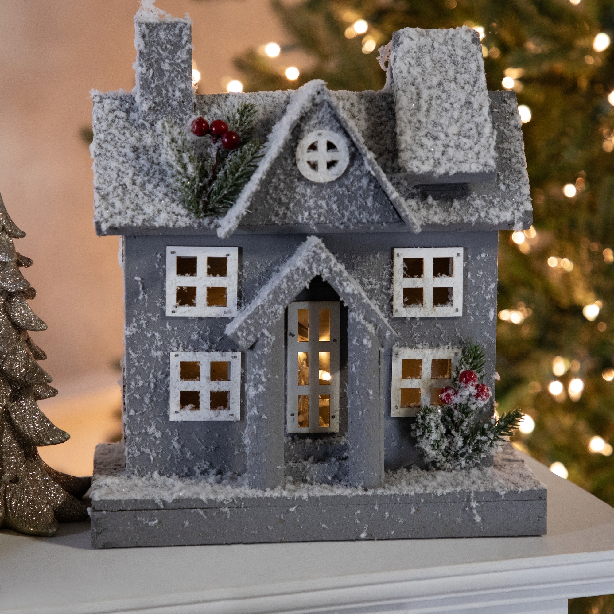 Lighted White and Gray Snowy House Christmas Tabletop Decoration - 11"