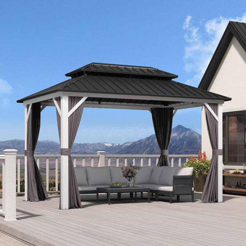 PURPLE LEAF Patio Hardtop Gazebo for Outdoor Grey Galvanized Steel Double Roof White Aluminum Poles - 08' x 12' - Grey