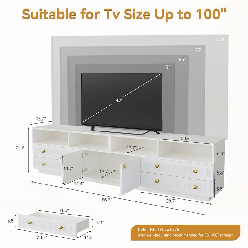 Gymojoy 86.6" LED TV Stand for 85-100 Inch TV, Modern Fluted Entertainment Center, 8 Drawers & Cabinet, Smart TV Console.