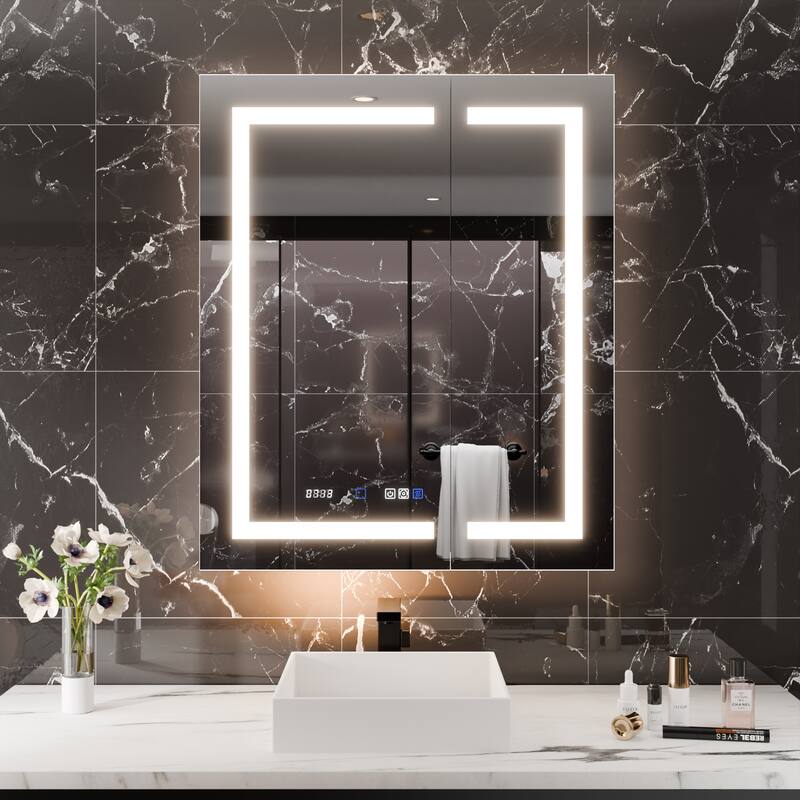 36'' H Recessed or Surface Mounted Bathroom LED Mirror Cabinet With Defogger, Dimmer, 10x magnifying - 30"W X36"H,Double Doors Open