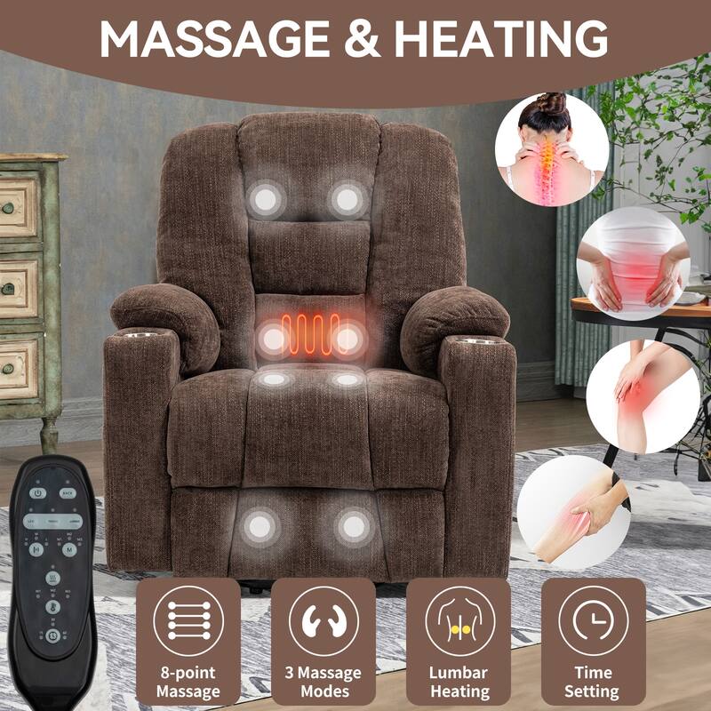 Modern Power Lift Recliner Chair Heat Massage Chair Upholstery Single Sofa with Dual USB Ports and Cup Holders