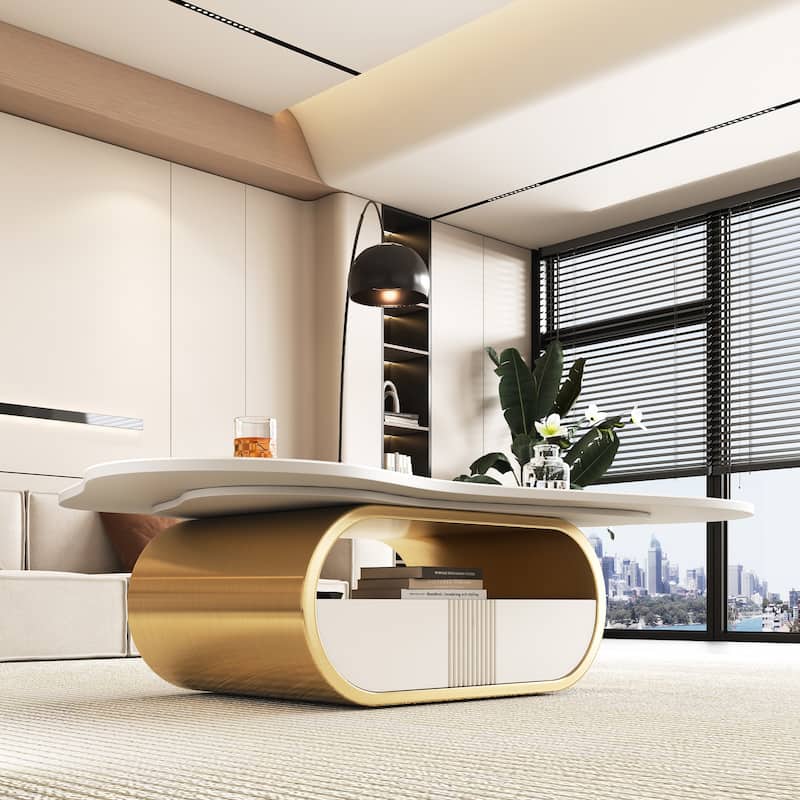 Modern Butterfly Coffee Table End Table with Sintered Stone Top, Accent Table with Soft-Close Drawer and Open Shelf