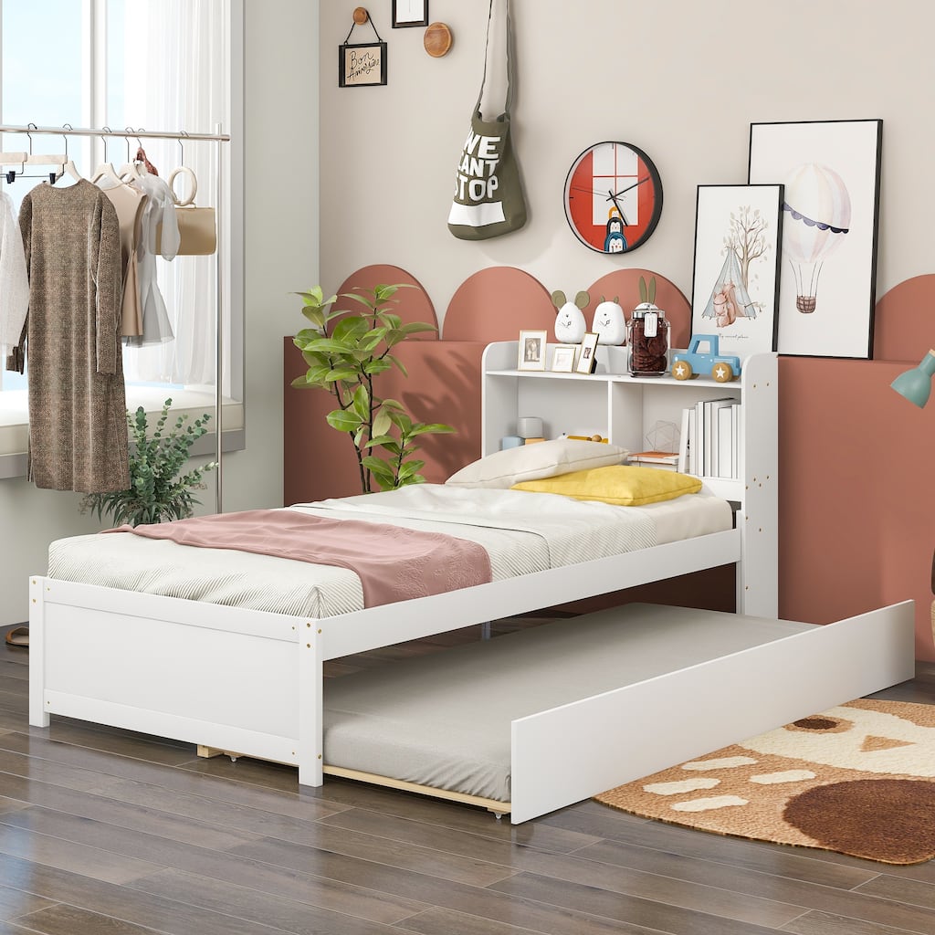 Space-Saving Twin Bed with Trundle and Integrated Bookcase in White
