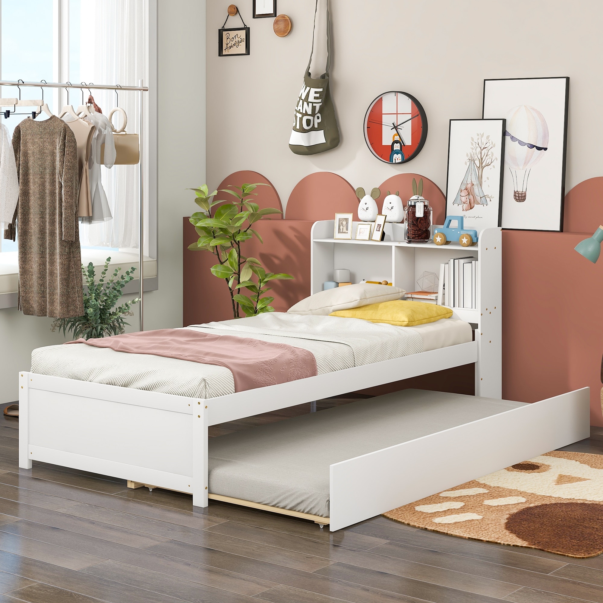 White Twin Solid Wood Platform Bed with Bookcase Headboard, Trundle, and Storage