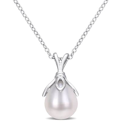 Miadora Sterling Silver Cultured Freshwater Pearl Solitaire Drop Necklace (8.5-9mm)