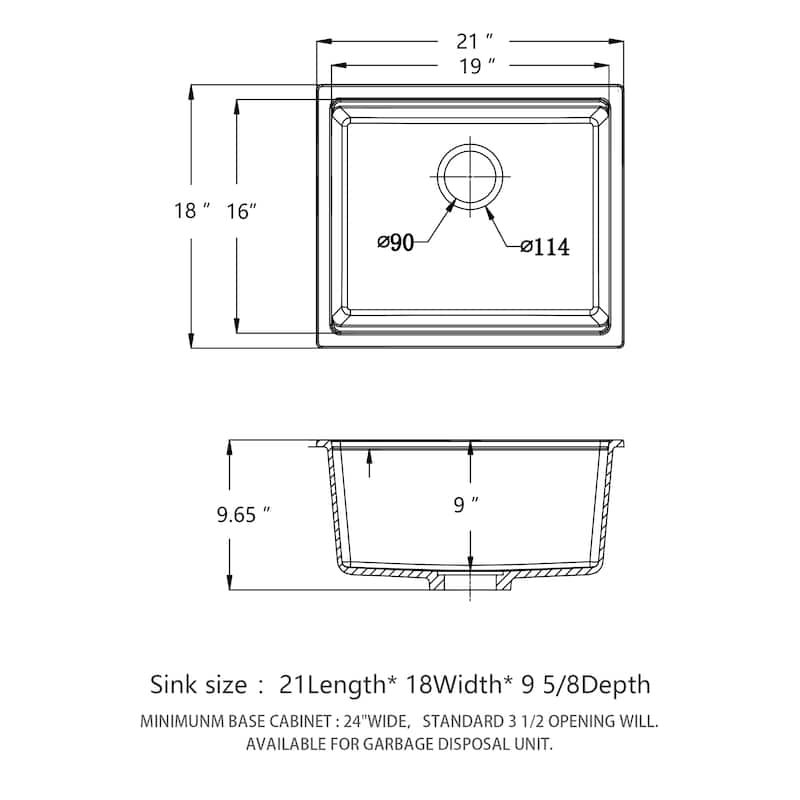 21" Undermount Single Bowl Quartz Kitchen Sink - 21'' x 18'' x 9.65''