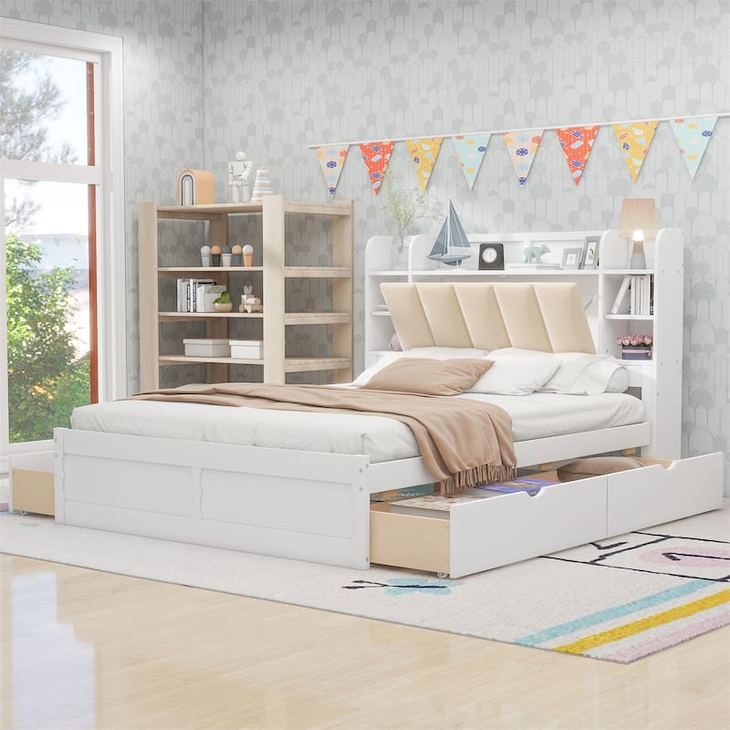 Merax Queen Size Platform Bed with Storage Headboard - White