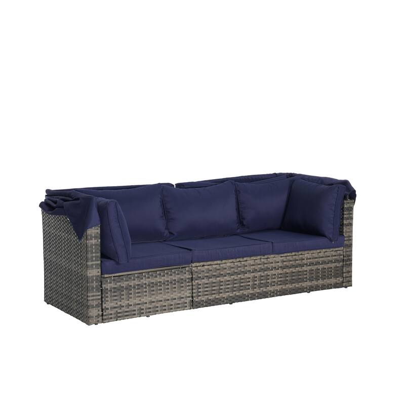 5-Piece Outdoor Patio Wicker Daybed Set with Retractable Canopy, Storable Table