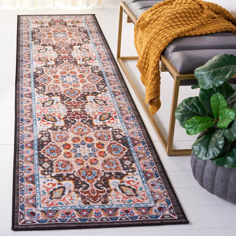 SAFAVIEH Riviera Machine Washable Slip Resistant Wilma Oriental Rug - 2'2" x 9' Runner - Beige/Charcoal