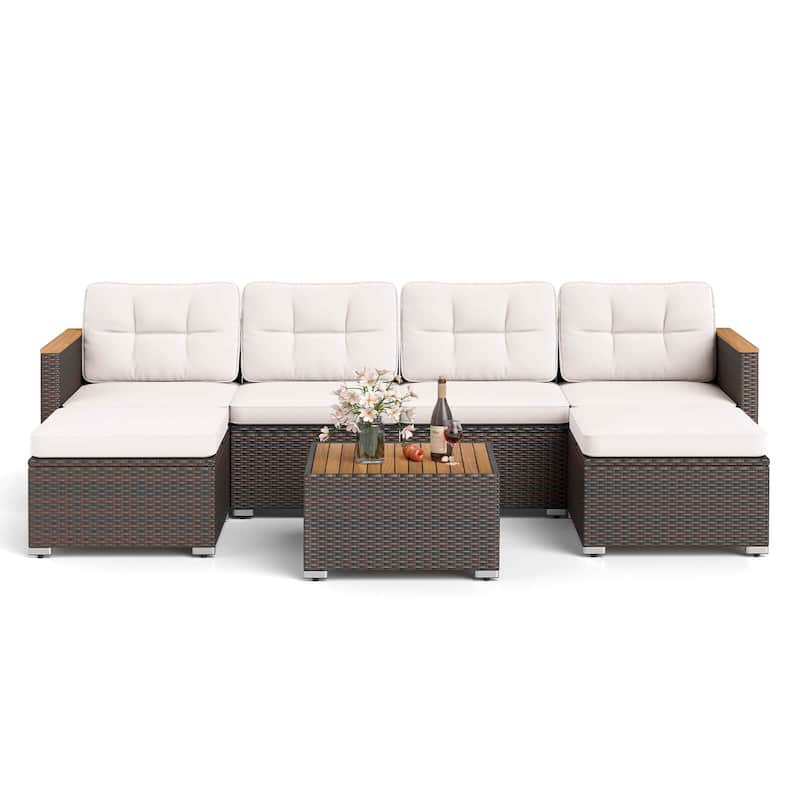 Costway 7 PCS Wicker Conversation Set with Seat & Back Cushions Wood - See Details