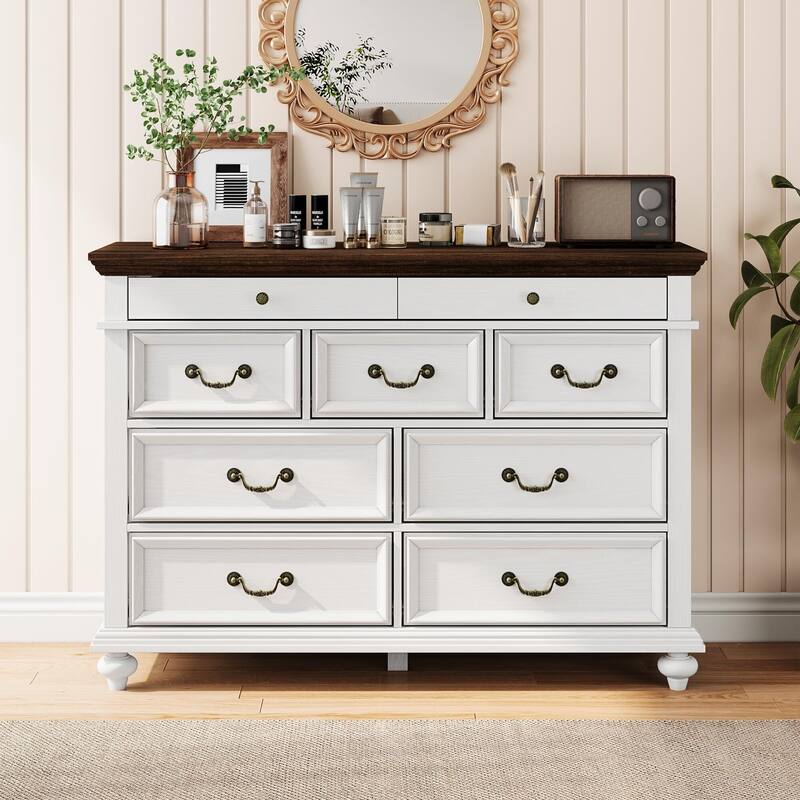 Farmhouse 9 Drawers Dresser for Bedroom, 47" Wide Wood Rustic Chest of 9 Drawers with Metal Handles, Vintage Design